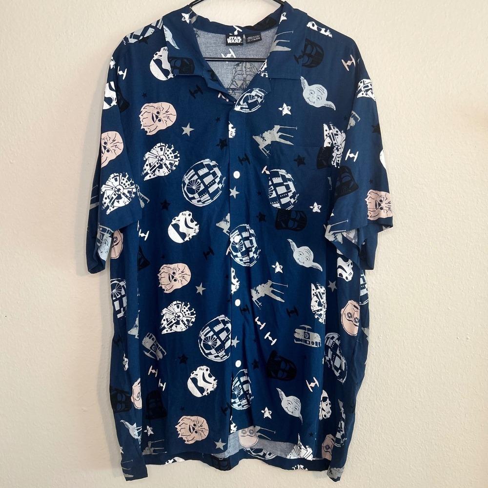 Star Wars Button Down Shirt Mens XL Blue All Over Character Print Rayon Camp